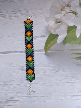 Handmade Beaded Bracelet in Green, Blue & Orange